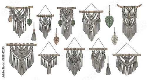 Collection of hand-drawn boho style macrame wall hangings with wooden sticks beads and decorative leaves.
