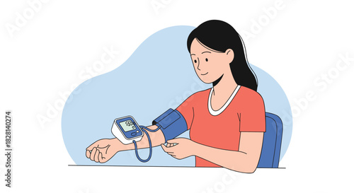 A calm young woman is checking her own blood pressure using an automatic digital monitor at home for regular health tracking.