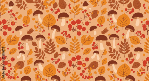 Warm seamless autumn pattern with a variety of mushrooms colorful fall leaves and red berries on a beige background.