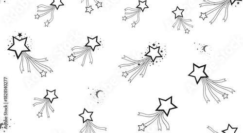 A magical seamless pattern of black outline shooting stars with tails and tiny star accents on a clean white background for design.