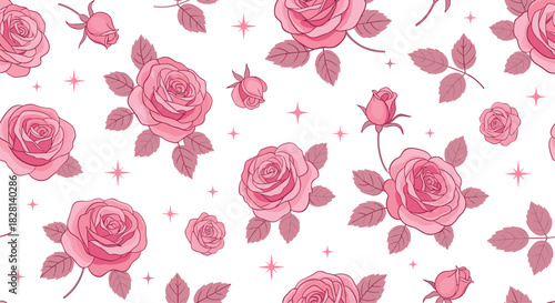A romantic and elegant seamless floral pattern featuring beautiful pink roses rosebuds leaves and sparkling stars on a white background.