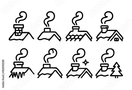 Set of nine line art icons depicting houses with chimneys emitting smoke. Variations include different roof styles, snow, icicles, and a Christmas tree. Perfect for winter or holiday themes.