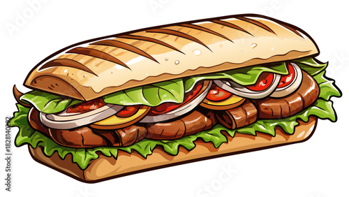 Very beautiful semi-realistic vector illustration of a grilled steak ciabatta sandwich, featuring tender sliced steak, golden toasted ciabatta, fresh greens, and vibrant layered textures, presented 