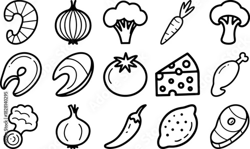 hand drawn food ingredients doodle set with vegetables, seafood, cheese, meat, herbs, and cooking elements in simple black and white outline style for kitchen illustrations