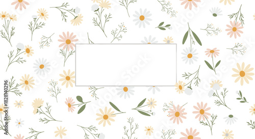 A gentle and charming floral background filled with scattered pastel daisies and a blank rectangular frame in the center for text.