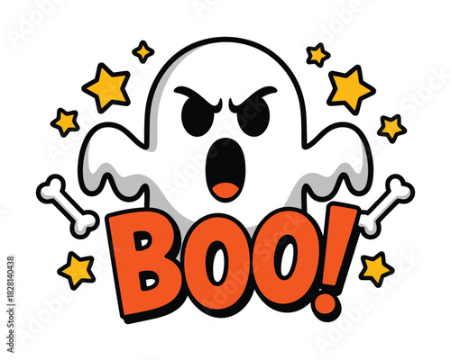 A cartoon ghost exclaims BOO! with stars and bones surrounding it.