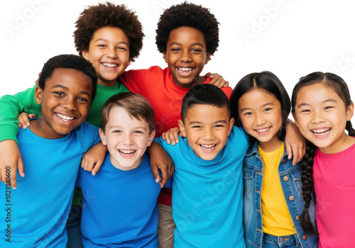 Six energetic, diverse children (african american, asian, caucasian, hispanic) in bright casual clothing, tightly huddled, smiling, and laughing in a high-key studio with white background. concept of