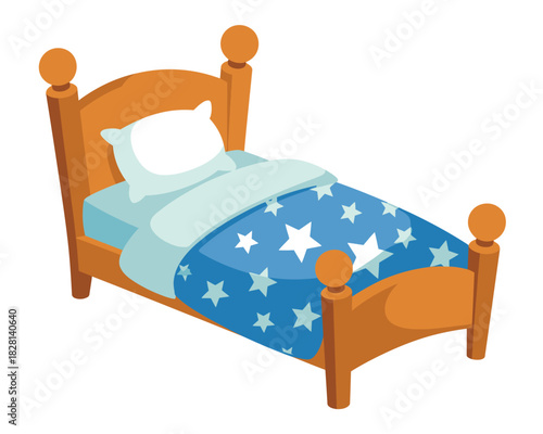A cozy wooden bed with blue star-patterned bedding is ready for sleep.