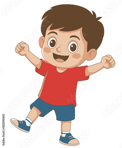 Cartoon boy with brown hair and red shirt raising his arms in celebration on transparent background
