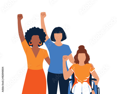 Three women standing together with raised fists in solidarity.