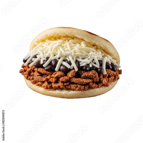 Delicious Arepa stuffed with shredded beef and black beans topped with