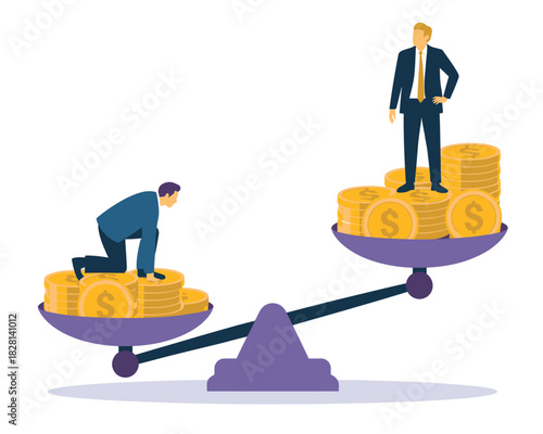 Illustration of balance scale with men and coins representing wealth inequality on transparent background