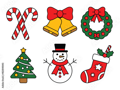 A collection of six festive Christmas holiday icons including a snowman, tree, and stocking.