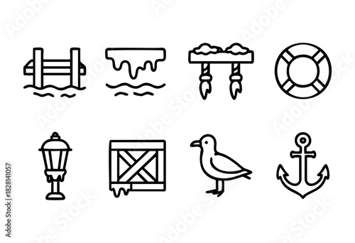 A set of eight simple line icons depicting various nautical and coastal elements, including a pier, icicles, lifebuoy, lantern, wooden crate, seagull and anchor. Perfect for websites, apps or any proj