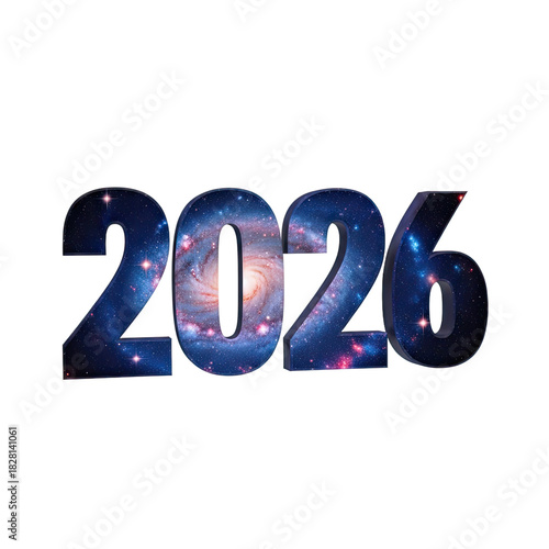 Cosmic Year 2026 with Galaxy Swirl on Dark Blue Background