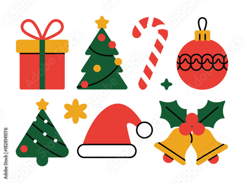 A collection of festive Christmas icons including a gift, trees, candy cane, ornament, hat, and bells.