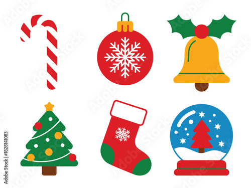 A collection of classic Christmas holiday symbols arranged on a white background.