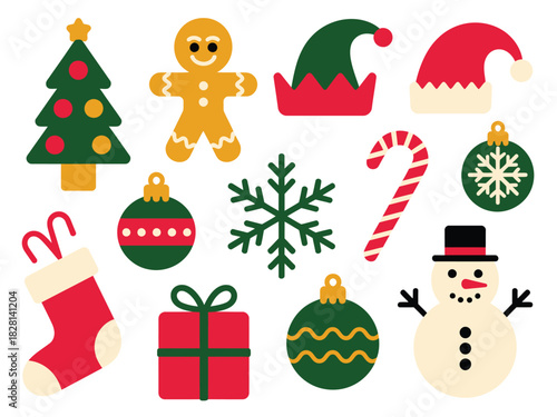 A festive collection of Christmas icons including a tree, snowman, and ornaments.