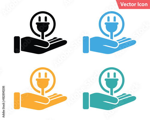 Four icons showing a hand holding a plug in different color variations flat on transparent background