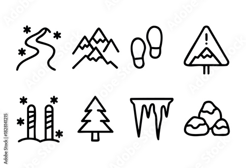 Set of eight hand-drawn line icons related to winter sports and mountain landscapes. Includes elements like a snowy road, mountains, footprints, warning sign, ski poles, a pine tree, icicles, and snow