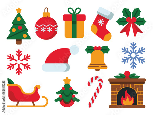 A collection of flat design Christmas icons including a tree, ornament, gift, stocking, and sleigh.