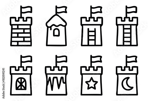 Collection of eight different line art castle tower icons, each with a flag on top and unique design elements. Perfect for game design, children's books, or website illustrations.