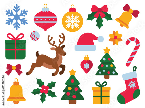 A collection of various Christmas holiday icons and symbols are displayed against a white background.