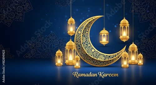 Ramadan kareem greeting card design with a golden ornate crescent moon and traditional arabic lanterns on a sparkling dark blue background, celebrating islamic holy month