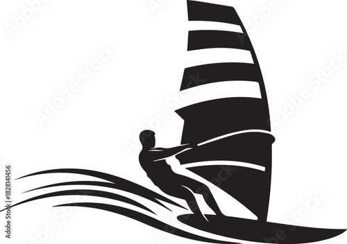 Windsurfer Silhouette on Waves Vector Illustration for Sport