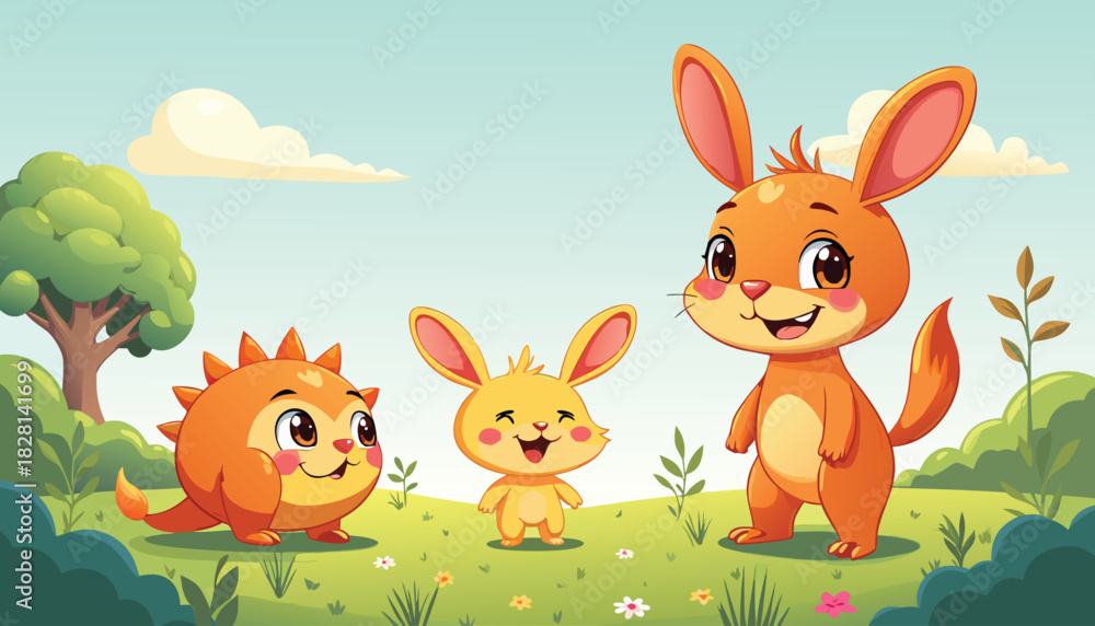 Naklejka premium Adorable Cartoon Animals in a Forest Setting
