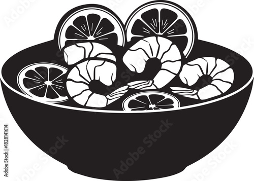 Stylized monochrome illustration of a delicious shrimp cocktail or seafood dish served in a bowl with fresh lemon slices, perfect for menus and recipes