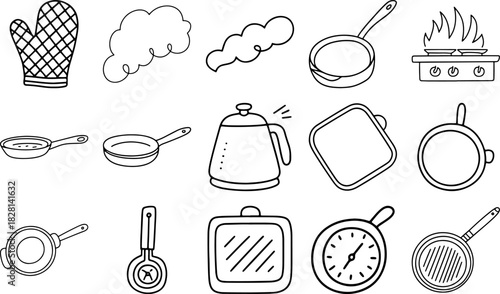 hand-drawn kitchen cookware doodle icon set featuring frying pans, kettle, stovetop flames, oven mitt, pot holders, steam clouds, and simple cooking tools in bold outline style