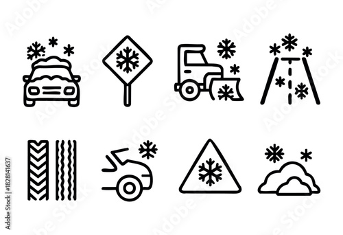 Set of eight line icons related to winter driving and road conditions, including snow-covered car, snow plow, winter tires, warning signs, and snowy roads. Perfect for websites, apps, or presentations