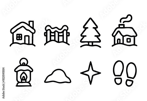 Set of eight hand-drawn winter icons, including houses, a fence, a Christmas tree, a lantern, footprints, and snowdrifts. Simple line art style, perfect for winter-themed designs.