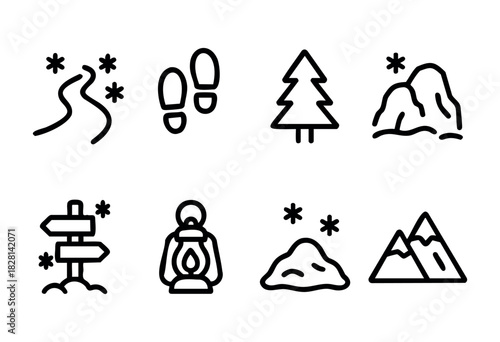 A set of eight line icons depicting various winter hiking and nature elements, including a winding path, footprints, a pine tree, mountains, a signpost, a lantern, and snowdrifts. The style is simple,