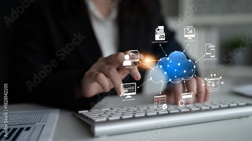 Tapety artystyczne Cloud computing, cloud strategy, and cloud technology transforming digital infrastructure with scalable services, secure data storage, and cloud-based digital business solutions. Spline
