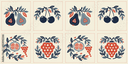SeamlessScandinavian folk-art tile cream background, thin coral dashed lines, four motifs—pear branch, navy cherry sprig, pomegranate with coral seeds, coral grapeflower; flat vector, hand-printed fee