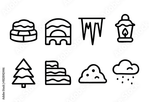 Set of eight hand-drawn line icons depicting winter landscape elements: snowdrifts, an archway covered with snow, an icicle, a lantern, a Christmas tree, layered rocks, a snow pile, and a snow cloud. 