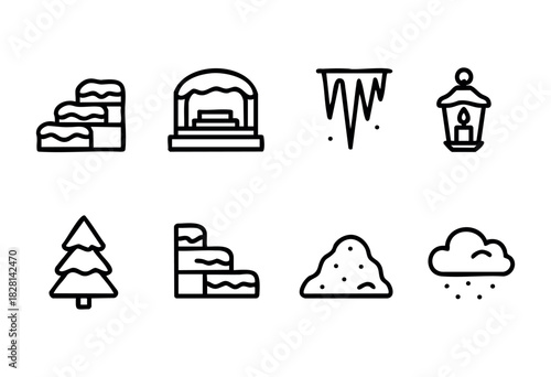 Set of eight winter-themed line icons, including snowdrifts, steps, an ice-covered gazebo, an icicle, a lantern with a candle, a snowy fir tree, a snow pile, and a snow cloud. Perfect for winter-theme