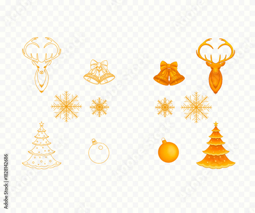 Christmas symbols: tree, deer, balls, snowflakes, bells in two different vector images on a transparent background.