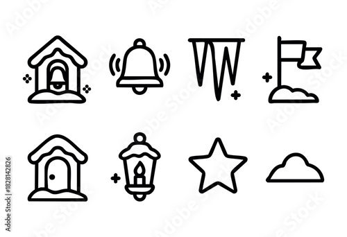 Collection of eight hand-drawn line icons on the winter theme. Includes snow house, bell, icicles, flag, lantern, star and snowdrifts. Perfect for winter holidays design, website or app.