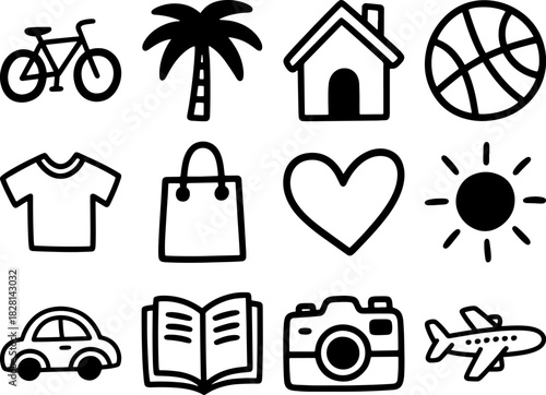 hand-drawn doodle icon set featuring bicycle, palm tree, home, sports ball, clothing, shopping bag, heart, sun, car, book, camera, and airplane in bold line art