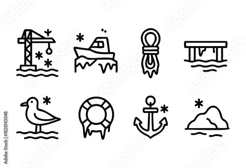 Several winter-themed icons showcase seaside activities. There are a crane, a boat, a rope, a dock, a seagull, a life preserver, an anchor, and an ice-covered rock, all depicted in line art.