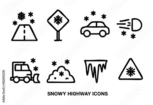 Different symbols depict snowy highway conditions, including signs for caution, vehicles, and snow removal. These icons emphasize the importance of safety during winter travel.