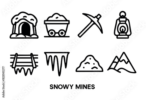 Icons showcase various elements of mining and exploration, including a mine entrance, mining cart, lantern, pickaxe, and mountain landscapes, highlighting key tools and features
