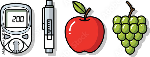 Diabetes Management and Healthy Eating Icon Set | Glucometer, Lancet Pen, Apple, and Grapes