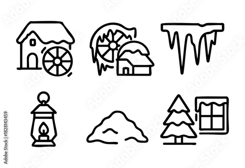 A cozy winter scene shows a snow-covered house, a water wheel with frost, icicles hanging down, a lantern emitting light, a pile of snow, and a Christmas tree by a window.