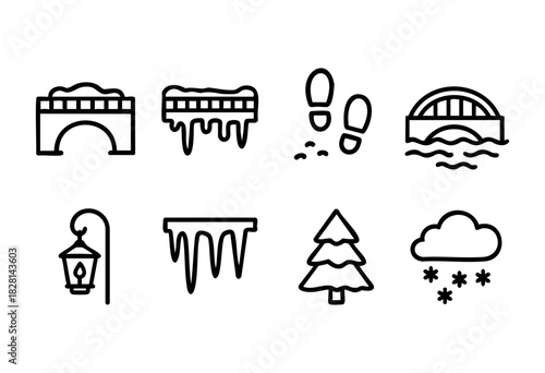 Collection of winter-themed symbols showing a bridge, snow-covered surfaces, footprints, a tree, and snowflakes, illustrating the beauty of winter activities and scenery.