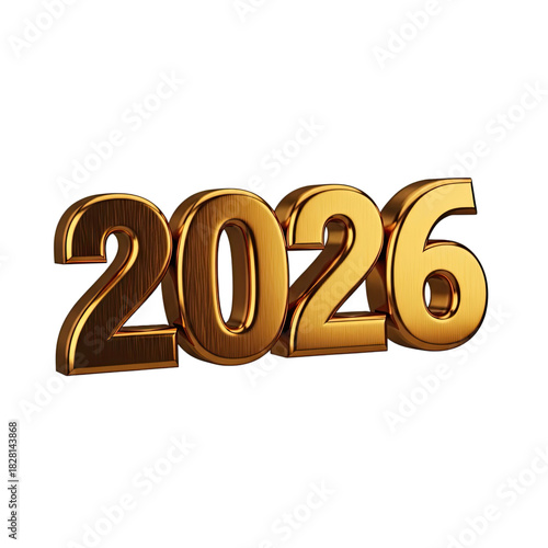 Golden 3D Number 2026 with Metallic Shine on Reflective Surface