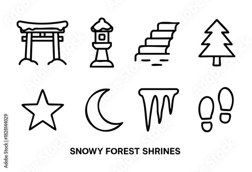 In a tranquil winter setting, snowy shrines stand among towering trees, twinkling stars, and a crescent moon, creating a peaceful atmosphere in the forest.